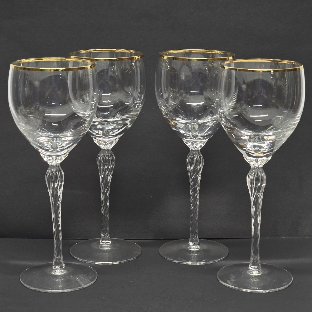 LENOX CRYSTAL MONROE GOLD TRIM TWIST STEM WINE GLASS GOBLETS SET OF 4 USA